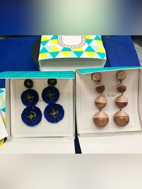 Stella & Dot Blue Fringe Star Drop Earrings and Wooden Sphere Drop Earrings